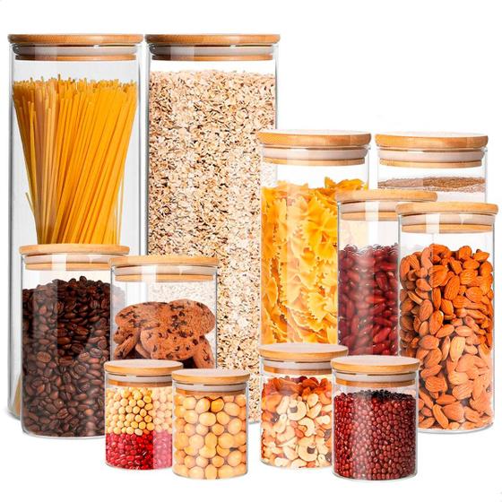 Imagem de Kit 12 Potes Herméticos de Vidro com Tampa de Bambu  Inclui Etiquetas e Caneta  Organização e Estilo para sua Cozinha