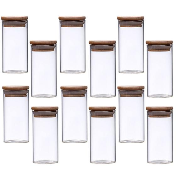 Imagem de Kit 12 Potes Herméticos Organizadores Vidro Com Tampa de Bambu Bolachas Biscoitos Alimentos Transparente 300ml PF09 B2