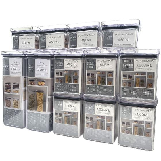 Kit 12 Potes Herméticos Quadrados Acrílico 2unis 2,2L + 6unis 1L + 4unis 480ml Menor preço em Kit 12 Potes Herméticos Quadrados Acrílico 2unis 2,2L + 6unis 1L + 4unis 480ml
