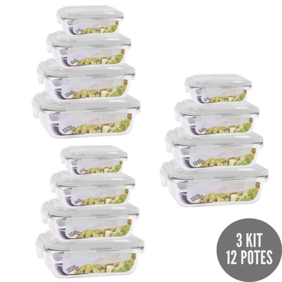 Imagem de Kit 12 Potes Retangular 4 Tamanhos Vidro Hermético Marmita
