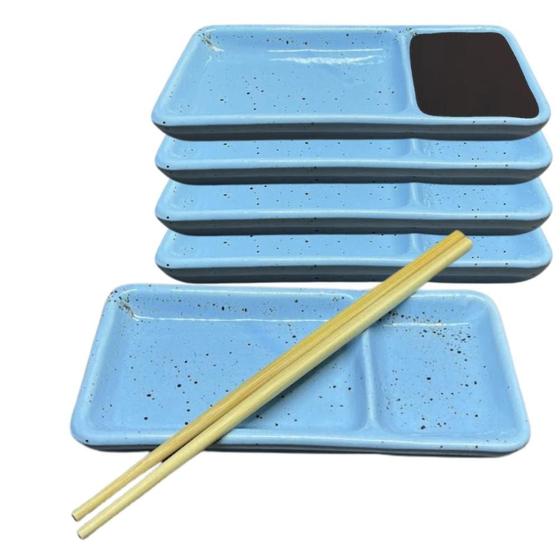 Imagem de Kit 12 Pratos Sushi com Divisória para Shoyu Porcelana Sapporo Azul Mesclado Mesa Servir