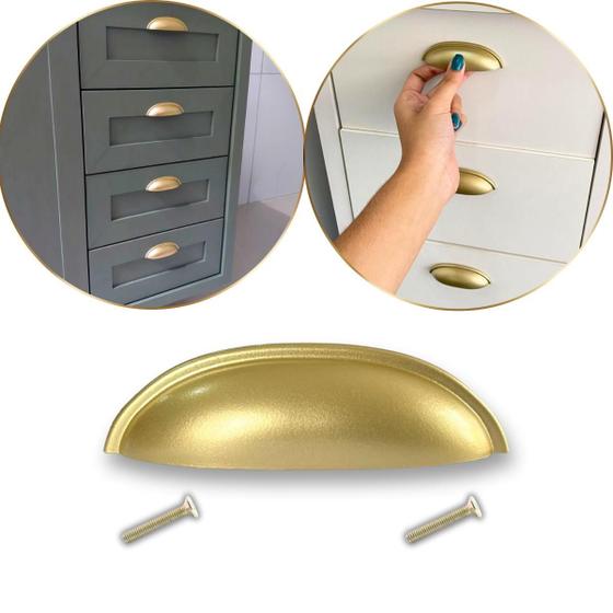 Kit 12 Puxador para Móveis, como Gavetas, Portas Guarda Roupas e Armários, em Concha Dourado Fosco e Elegante
