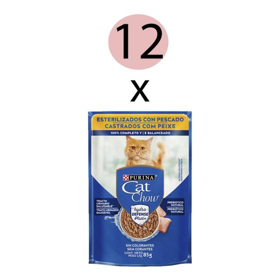 Imagem de Kit 12 Ração Úmida Nestlé Purina Cat Chow Castrados Peixe ao Molho Sachê 85g