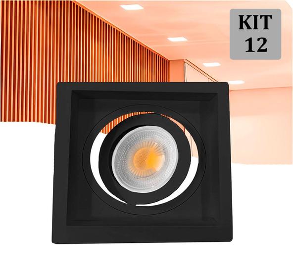 Imagem de Kit 12 Spot Embutir MR16 Recuado Quadrado Preto + Lamp BF