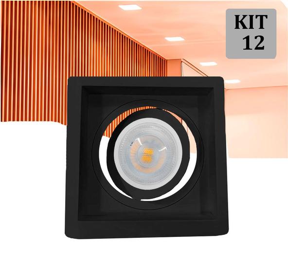 Imagem de Kit 12 Spot Embutir PAR20 Recuado Quadrado Preto + Lamp BQ