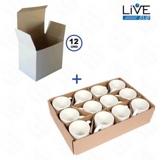 KIT 12 Und Canecas Branca LIVE AAA - 325ml + Caixinha Sublimatica P/ Canecas Menor preço em KIT 12 Und Canecas Branca LIVE AAA - 325ml + Caixinha Sublimatica P/ Canecas