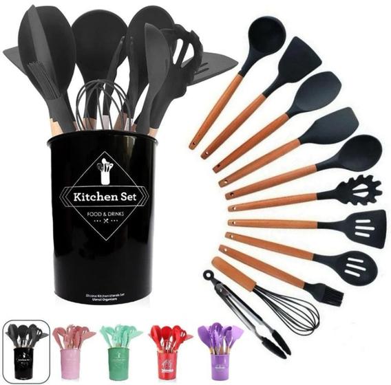 Imagem de Kit 12 Unidades Utensílios De Cozinha Silicone Cabo Madeira