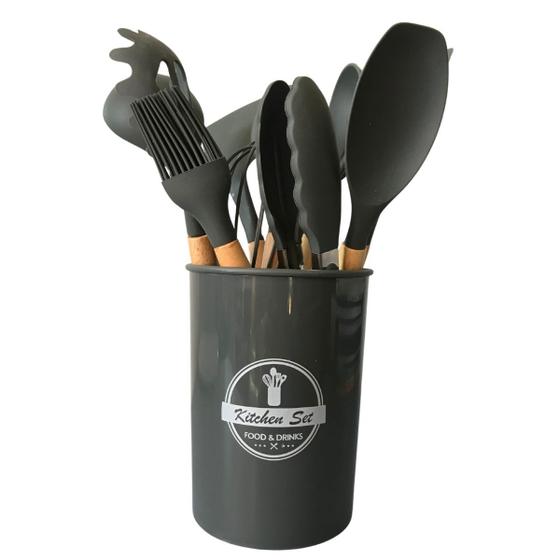 Imagem de Kit 12 Utensílios Cozinha Silicone Bambu Resistente Cores