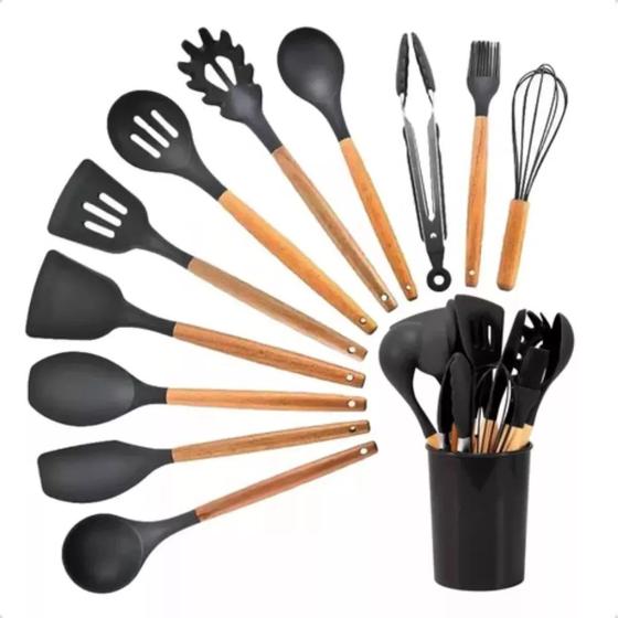 Imagem de Kit 12 Utensílios De Cozinha Em Silicone Com Cabo De Madeira