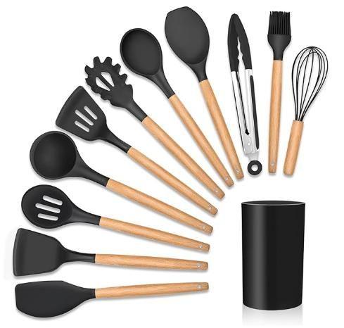 Imagem de Kit 12 Utensílios De Cozinha Em Silicone E Cabo De Madeira Jogo De Utensílios Resistente ao Calor Antiaderente Premium