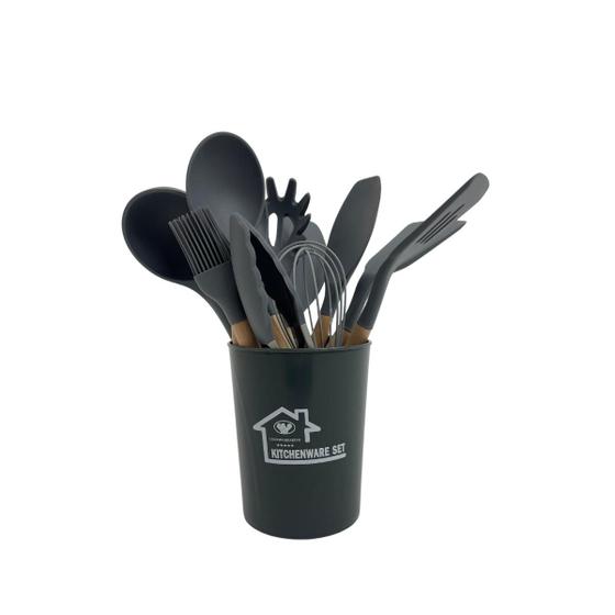 Imagem de Kit 12 Utensílios De Cozinha Em Silicone E Cabo De Madeira Resistente ao Calor