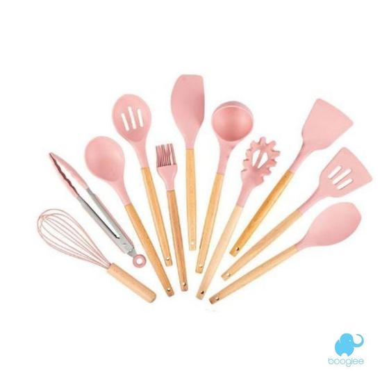 Imagem de Kit 12 Utensílios De Cozinha Em Silicone E Cabo De Madeira Rosa - Booglee