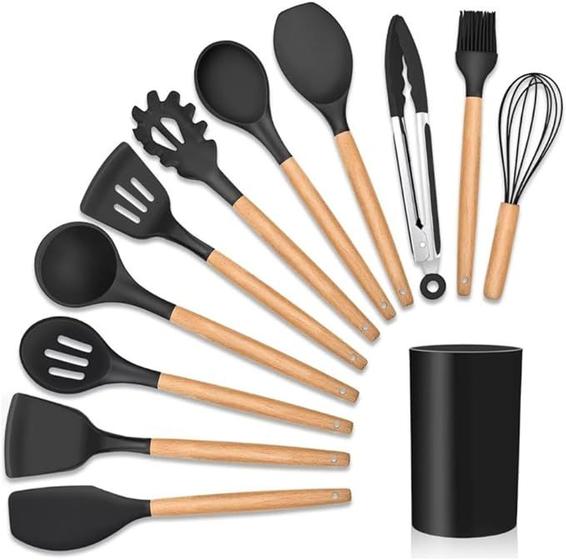 Kit 12 Utensílios de Cozinha Silicone Cabo de Madeira Menor preço em Kit 12 Utensílios de Cozinha Silicone Cabo de Madeira