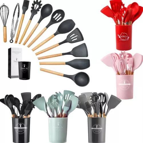 Imagem de Kit 12 Utensílios de Cozinha Silicone Cabo de Madeira Cor Preto