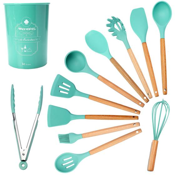 Imagem de Kit 12 Utensílios de Cozinha Silicone Cabo de Madeira Varias Cores 026