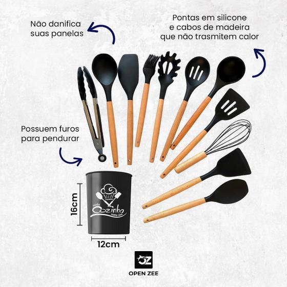 Kit 12 Utensílios de Cozinha Silicone Conjunto Cabo de Madeira Copo Suporte - OPEN ZEE
