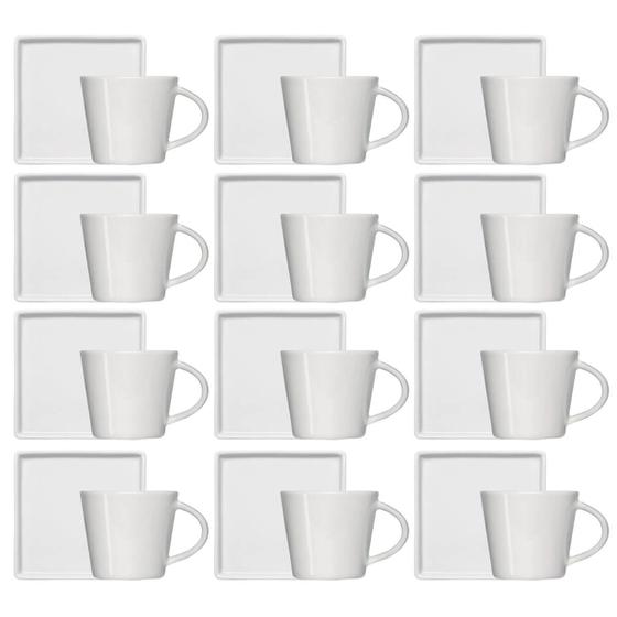 Imagem de Kit 12 Xícaras de Café 90ml em Porcelana Branca com Pires Quadrado Germer