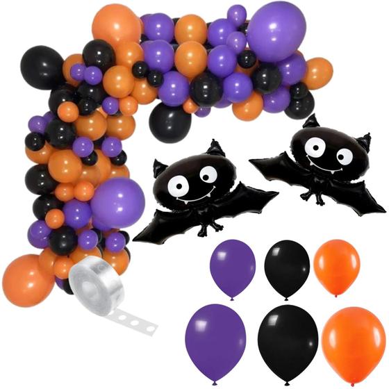 Imagem de Kit 123 Peças Decoração de Halloween com Arco d Balões Desconstruído, Balões Metalizados e Bexigas Roxo, Preto e Laranja