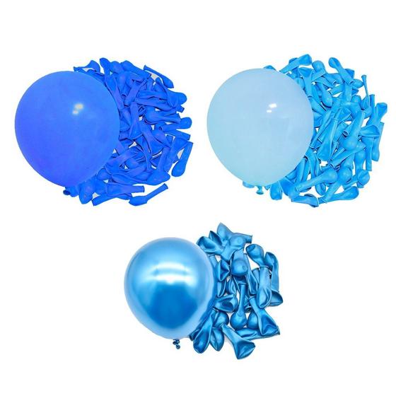 Imagem de Kit 125 Balões Bexigas Azul Claro + Escuro + Azul Metalizado - Balão Bexiga Liso/Cromado Festas e Aniversários