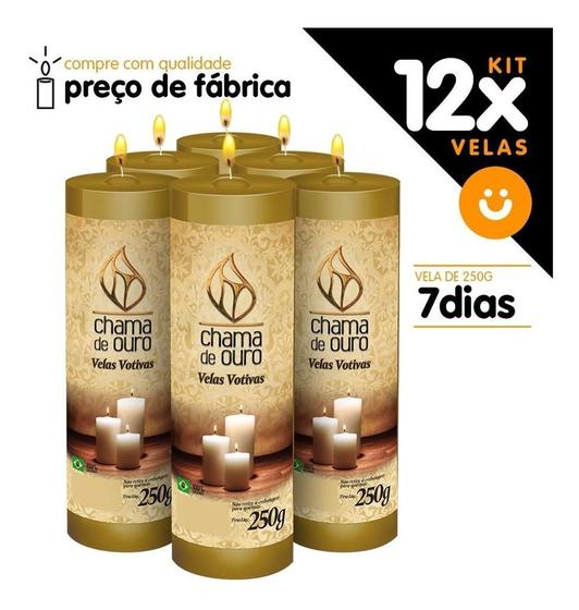 Imagem de Kit 12x Vela De 7 Dias Atacado  250g Velas Na Cor Dourada