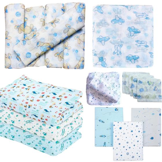 Imagem de Kit 13 Peças Enxoval de Bebê - 10 Fraldas de Pano + 3 Cueiros Flanelados Estampados