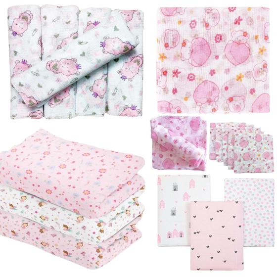 Imagem de Kit 13 Peças Enxoval de Bebê - 10 Fraldas de Pano + 3 Cueiros Flanelados Estampados
