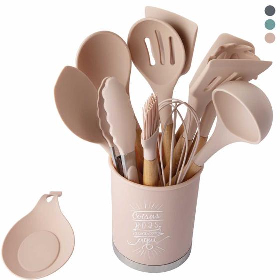 Imagem de kit 13 Peças Utensílios Cozinha Silicone Maciço e Cabo de Madeira Colheres Linha Profissional