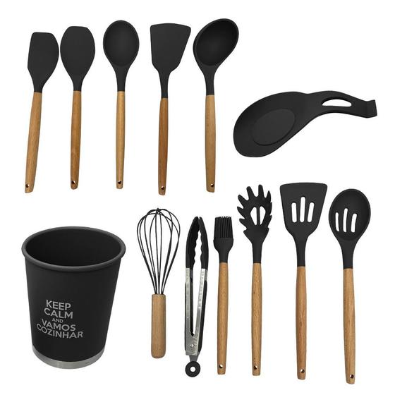 Imagem de Kit 13 Utensílios de Cozinha Silicone colher espatula pegadores concha pincel fuet copo descansador comercio restaurante silicone mdf aço inox - Preto