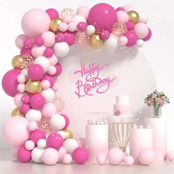 Imagem de Kit 130 Balões P/ Festa Rosa Bebe Dourado Metalizado Baloes Arco Desconstruido Festa Aniversário Princesa Bexiga+fita