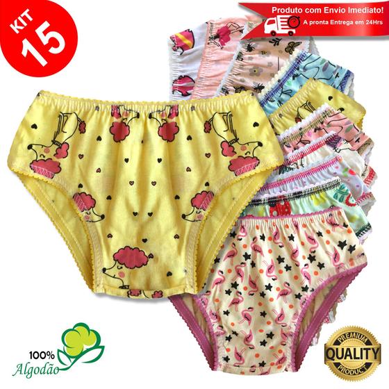 Imagem de Kit 15 Calcinhas Infantil Algodão Estampada Elástico Menina