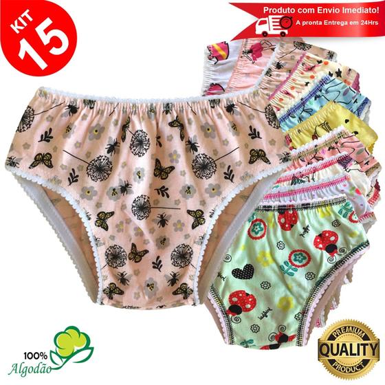 Imagem de Kit 15 Calcinhas Infantil Algodão Estampada Elástico Menina Revenda