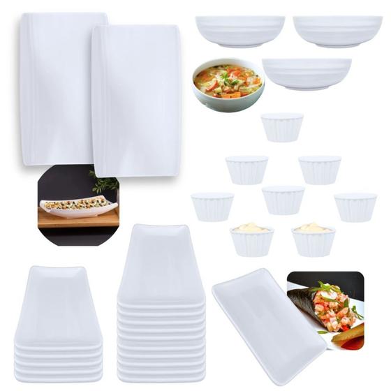 Imagem de Kit 15 Pratos para Sushi 17,8cm + 3 Tigelas 800ml Poke+ 2 Travessas Curva 30cm + 8 Ramequins 260ml Comida Japonesa  Bestfer 