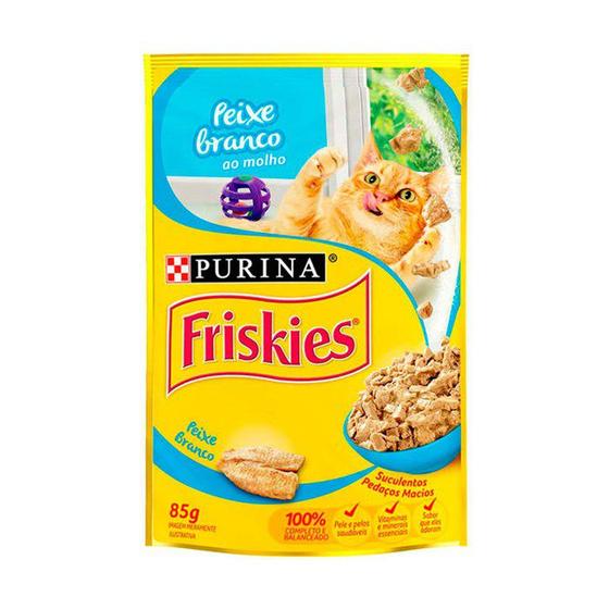 Imagem de Kit 15 Ração Úmida Friskies Sachê para Gatos Adultos Sabor Peixe Branco ao Molho 85g