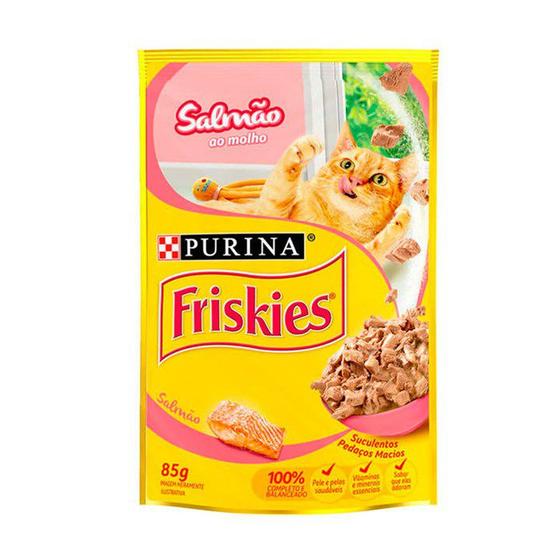 Imagem de Kit 15 Ração Úmida Friskies Sachê para Gatos Adultos Sabor Salmão ao Molho 85g