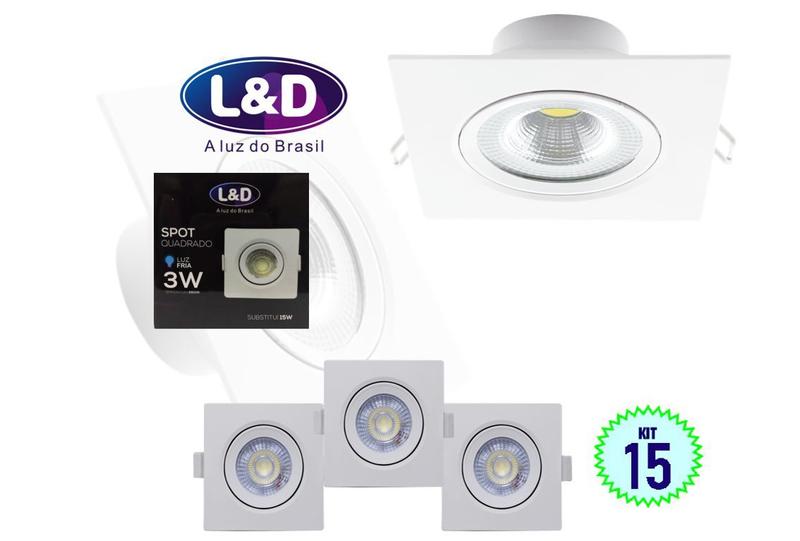 Imagem de Kit 15 Spot LED Luminária Cob Quadrado 3w Branco Frio Casa Quarto L&D 0174