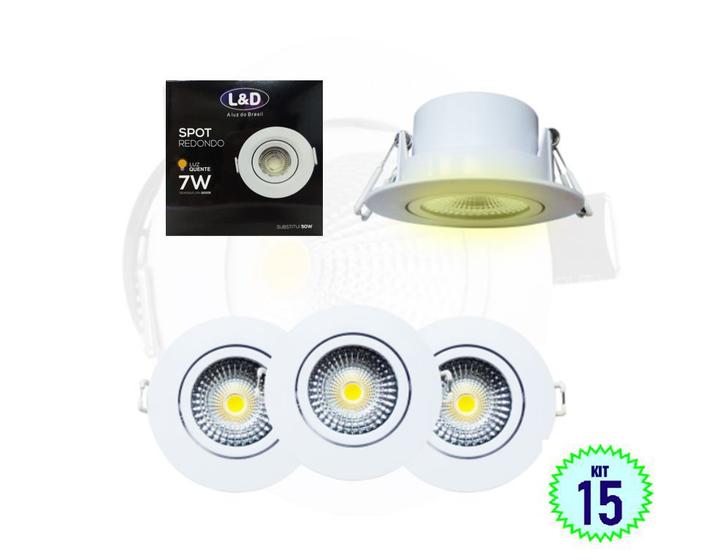 Imagem de Kit 15 Spot LED Luminária Cob Redondo 7w Branco Quente Casa Quarto L&D 0220