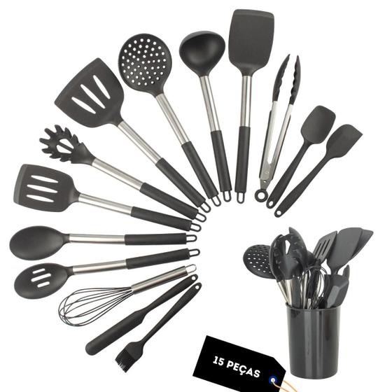 Kit 15 Utensílios De Cozinha Com Cabo De Inox E Silicone Menor preço em Kit 15 Utensílios De Cozinha Com Cabo De Inox E Silicone