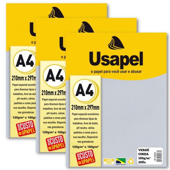 Imagem de Kit 150fls Papel Vergê Cor Cinza Gramatura 180g A4 Usapel Ideal para Certificado Convite Artesanato Desenho Grafite