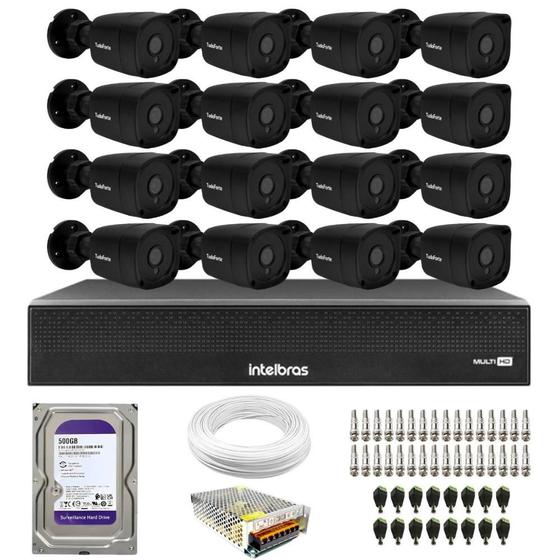 Imagem de Kit 16 Câmeras Bullet TF 2020 B Black Tudo Forte Full HD 1080p Visão Noturna 20M Proteção IP66 + DVR Intelbras MHDX 3116-C 16 Canais + HD 500GB