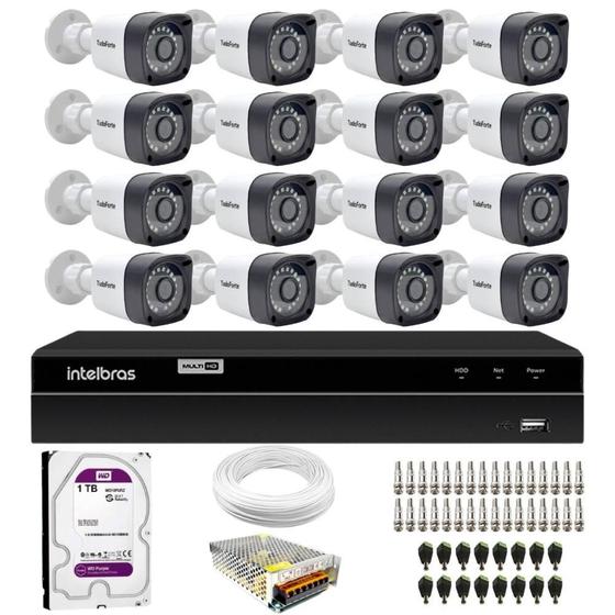 Imagem de Kit 16 Câmeras de Segurança Full HD 1080p Lite 20 Metros Infravermelho + DVR Intelbras + HD + Cabos e Acessórios