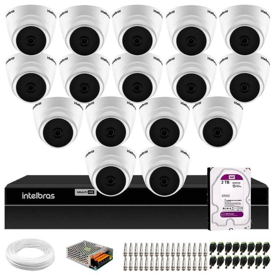 Imagem de Kit 16 Câmeras Intelbras VHD 1220 Dome Full HD Visão Noturna 20m + DVR MHDX 1216 16 Canais + HD 2TB