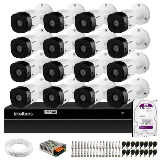 Imagem de Kit 16 Câmeras Intelbras VHL 1120 Bullet HDCVI Lite, HD 720p Visão Noturna 20m, IP66 + DVR Intelbras MHDX 1216 Full HD 16 Canais Multi HD + HD 1TB