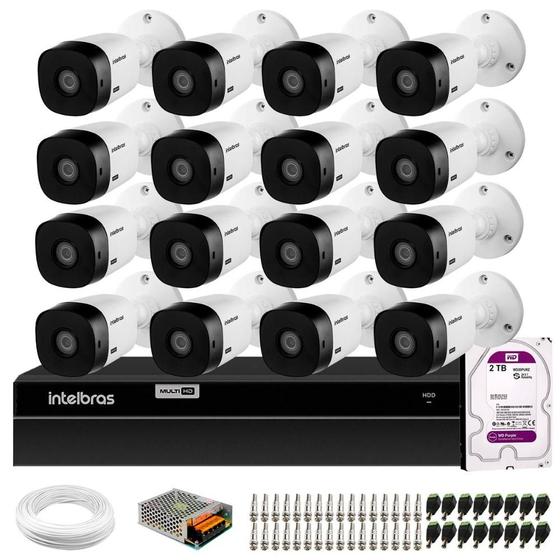 Imagem de Kit 16 Câmeras Intelbras VHL 1120 Bullet HDCVI Lite, HD 720p Visão Noturna 20m, IP66 + DVR Intelbras MHDX 1316 Full HD 16 Canais Multi HD + HD 2TB