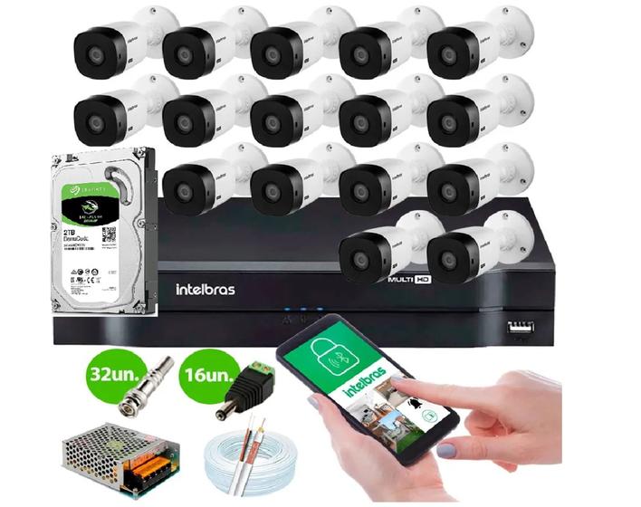 Imagem de Kit 16 Câmeras Intelbras VHL 1220 B Full HD 1080 + DVR Intelbras 1216 + Acessórios C/Hd 2TB Completo