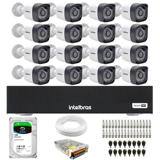 Imagem de Kit 16 Câmeras Tudo Forte TF 2020 B Full HD 1080p Bullet Visão Noturna 20M Proteção IP66 Dvr Intelbras MHDX 3116-C 16 Canais HD 1TB SkyHawk