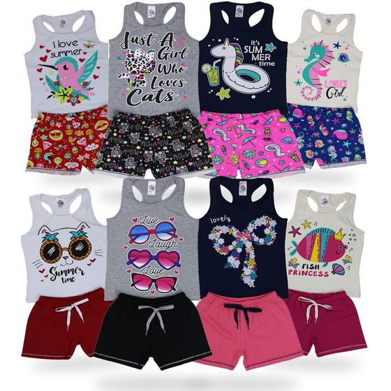 Imagem de Kit 16 Peças Roupas De Menina Infantil Conjuntos de Verão 8 Blusas Regatas e 8 Shorts