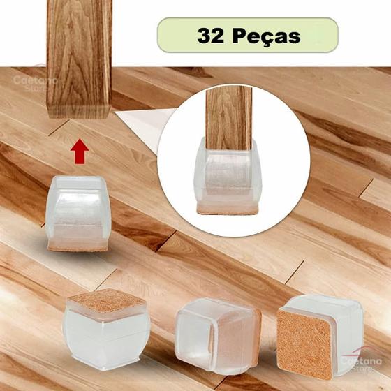 Imagem de Kit 16 Protetores Pés De Cadeira Silicone Feltro  Quadrado 3,0 até 4,5cm