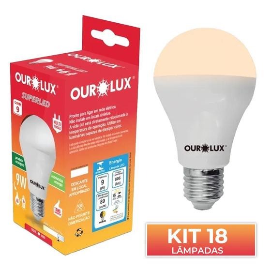 Imagem de Kit 18 Lâmpada Led Bulbo 9w Branco Quente (3000k) - Ourolux