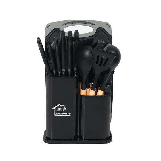 Imagem de Kit 19 Pçs Utensílios Cozinha Silicone Madeira Concha Tábua