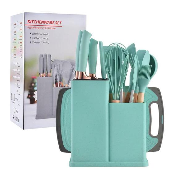 Kit 19 Peças Jogo de Utensílios de Cozinha em Silicone Completo Resistente ao Calor Verde - kit Utensilios Imagem de Kit 19 Peças Jogo de Utensílios de Cozinha em Silicone Completo Resistente ao Calor Verde